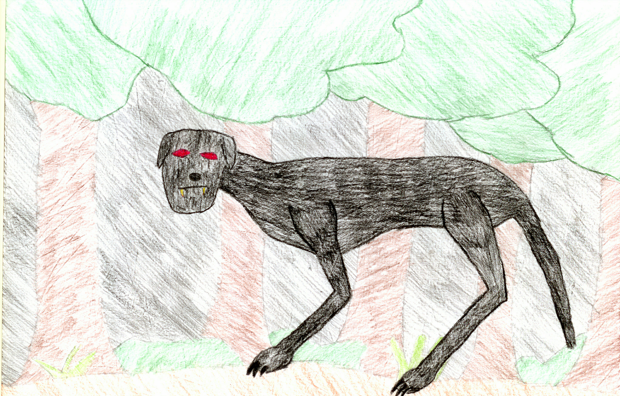 Child's drawing of black dog with red eyes